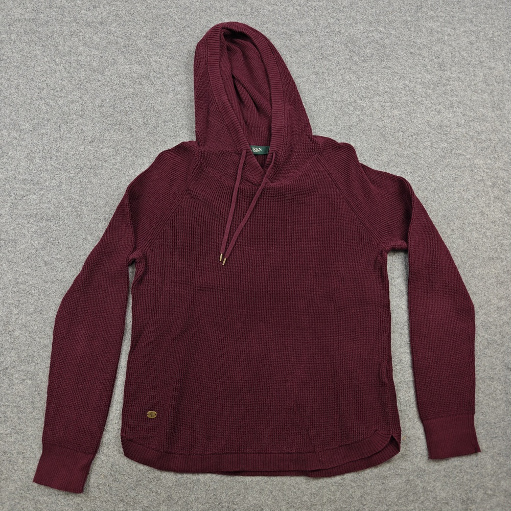 Lauren Ralph Lauren Hoodie Womens Large Red Pullover Hooded Waffle Knit V-Neck